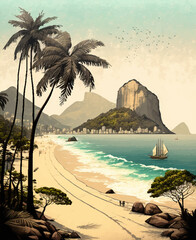 Landscape beach in Rio de Janeiro, art illustration