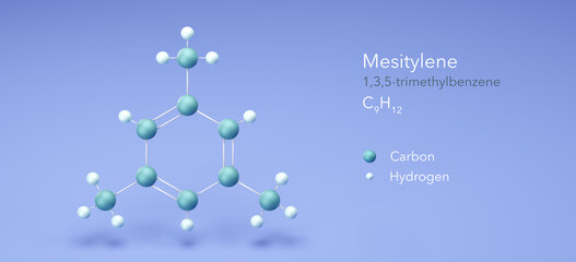 mesitylene, molecular structures, 1,3,5-trimethylbenzene 3d model, Structural Chemical Formula and Atoms with Color Coding