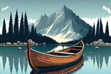 An empty boat is shown in close up on a lake near a mountain. Generative AI