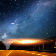 Fototapeta na wymiar starry night blue sky and orange sunset beam flares milky way nature landscape