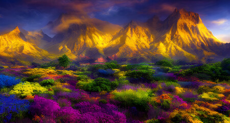 Fototapeta na wymiar Ai Digital Illustration Mystical Colourful Landscape