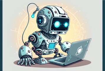 Robot learning and developing artificial intelligence in the future while using a laptop. Generative AI