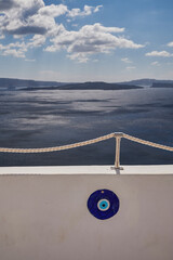 Beautiful White Terrace in Santorini Island, Greece - Caldera View n the Aegean Sea