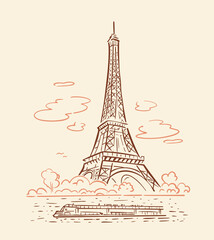 Fototapeta na wymiar Eiffel tower in Paris sketch. Seine embankment and river tram. Vector line illustration