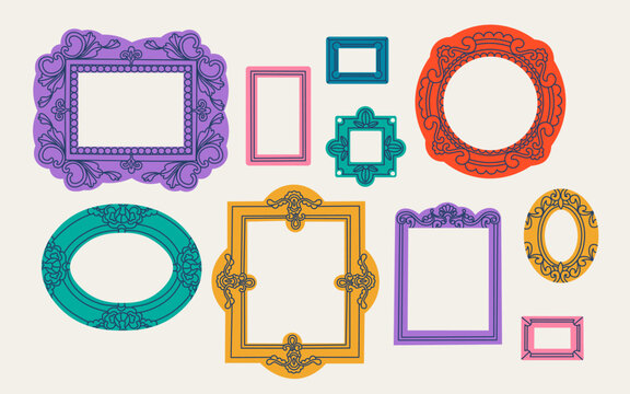 Big set of multicolored classic carved picture frames. Decorative frame for photos and drawings. Rectangular, oval, carved frame for museum or gallery. Vector isolated illustration for design.