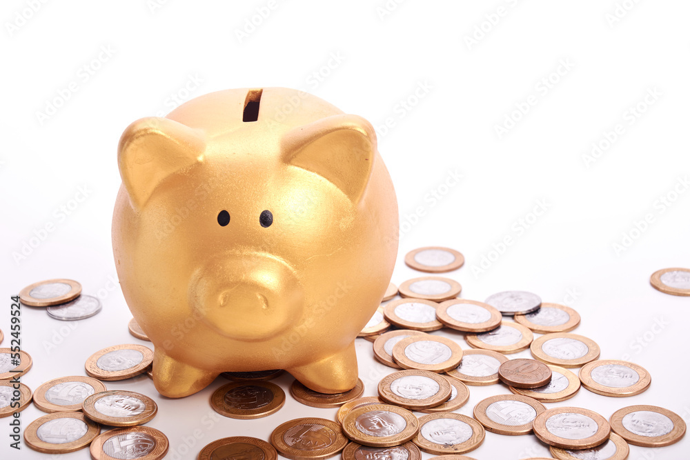 Sticker Golden piggy bank with savings in coins of the Brazilian money