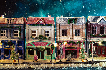 Fototapeta premium Night snow-covered European street decorated for Christmas. Homemade decorated toy houses.