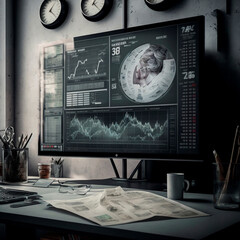 computer and screens with graphs in the office in retro style, graph analysis and world map. High quality illustration