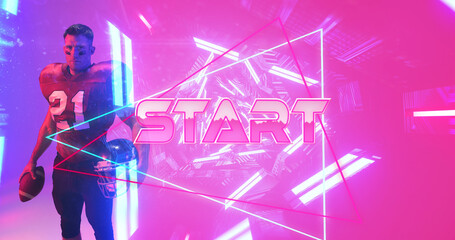 Composite of start text with triangle and illuminated abstract patterns by american football player