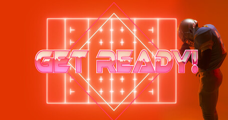 Male players standing by illuminated get ready text with squares over american football field