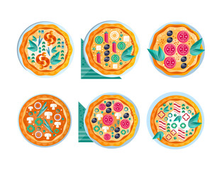 Appetizing Italian Pizza as Round Hot Dough Topped with Different Ingredient Vector Set