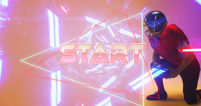 Composite of start text, triangle and illuminated abstract patterns with american football player - Powered by Adobe