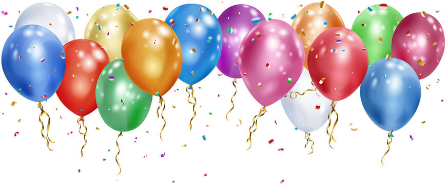 Fototapeta Colored helium balloons with flying shiny pieces of serpentine