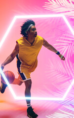 Composite of biracial basketball player dribbling ball by illuminated hexagon and plants, copy space