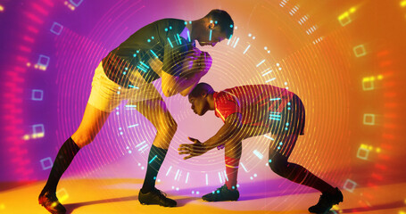 Composite of diverse male players chasing rugby ball over illuminated circles and squares