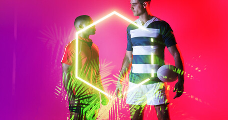 Composite of multiracial male players standing by illuminated plants and hexagon on pink background