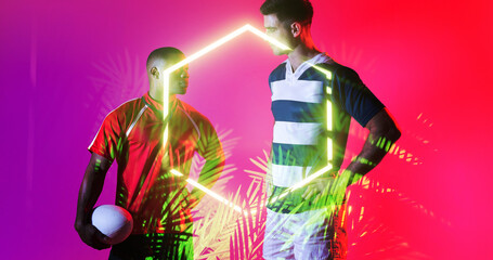 Composite of multiracial male players standing by illuminated hexagon and plants on pink background