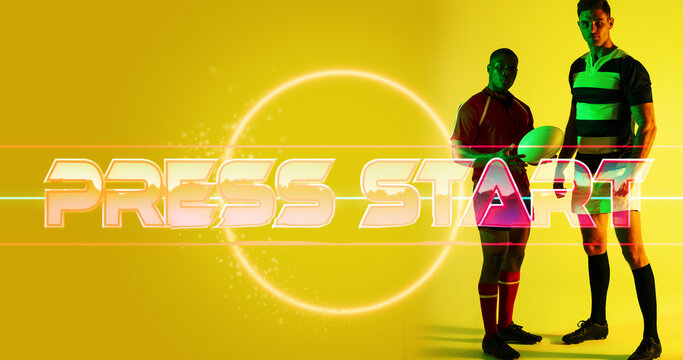 Composite of multiracial male players standing by press start text and circle on yellow background