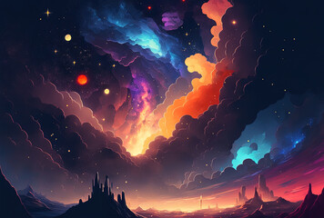 Fototapeta na wymiar Illustration of nebulae in a starry space sky. Generative AI