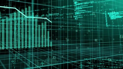 Animation of graphs and layers of data processing over 3d grid on black background