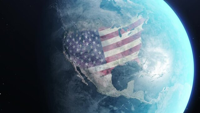 USA country view from space - The United States of America flag in continent on earth map spinning slowly. America patriotic concept, 3d render animation