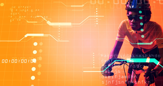 Biracial female cyclist riding bike over illuminated grid pattern with lines, dots and codes - Powered by Adobe