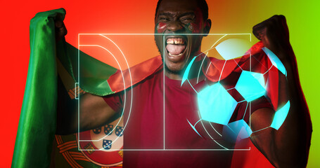Digital soccer field and ball over african american male fan with portuguese flag screaming