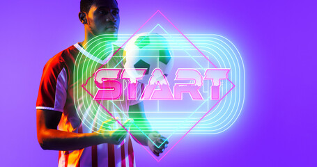 Illuminated start text in square with soccer field over african american male player holding ball