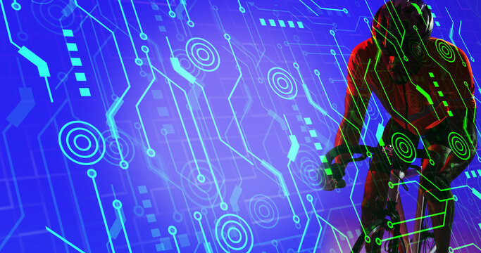African american male athlete riding bike over illuminated circle and lines on blue background