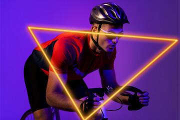 Triangle neon over confident biracial young male cyclist riding bicycle against purple background