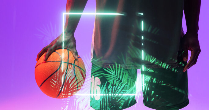 Multiple exposure of african american basketball player and plants with square neon, copy space