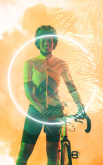 Multiple exposure of smiling young african american female cyclist over leaf pattern