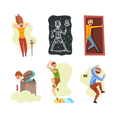 People with Different Phobias and Fears Afraid of Mouse, Spider, Darkness, Water and Height Vector Set