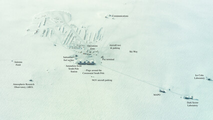 Annotated aerial photo of South Pole Research Base