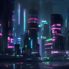 Cyberpunk style city at night with illuminated skyscrapers reflected in water. generative ai