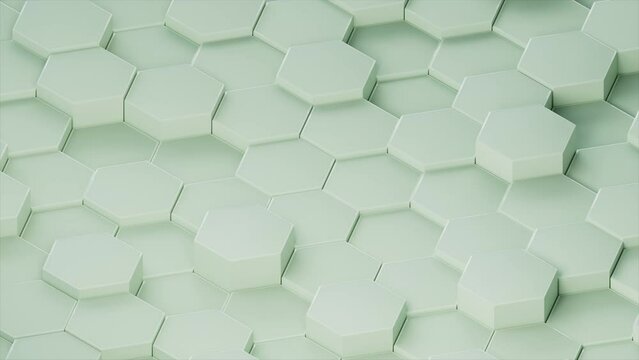 Background 3d animation of moving hexagon shape block. Loop motion graphics design. Isometric camera view with light green surface material. 4k abstract bg texture. Futuristic tech render clean visual