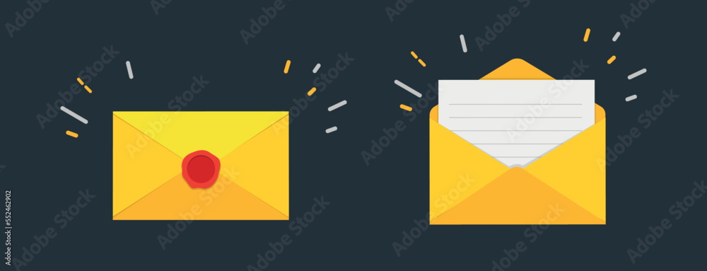 Aufkleber 3D Yellow Open and Closed Mail Envelope Isolated on White. Render Paper Envelope Icon. Concept of New or Unread Email Notification. Message, Contact, Letter and Document. Vector 10 EPS.