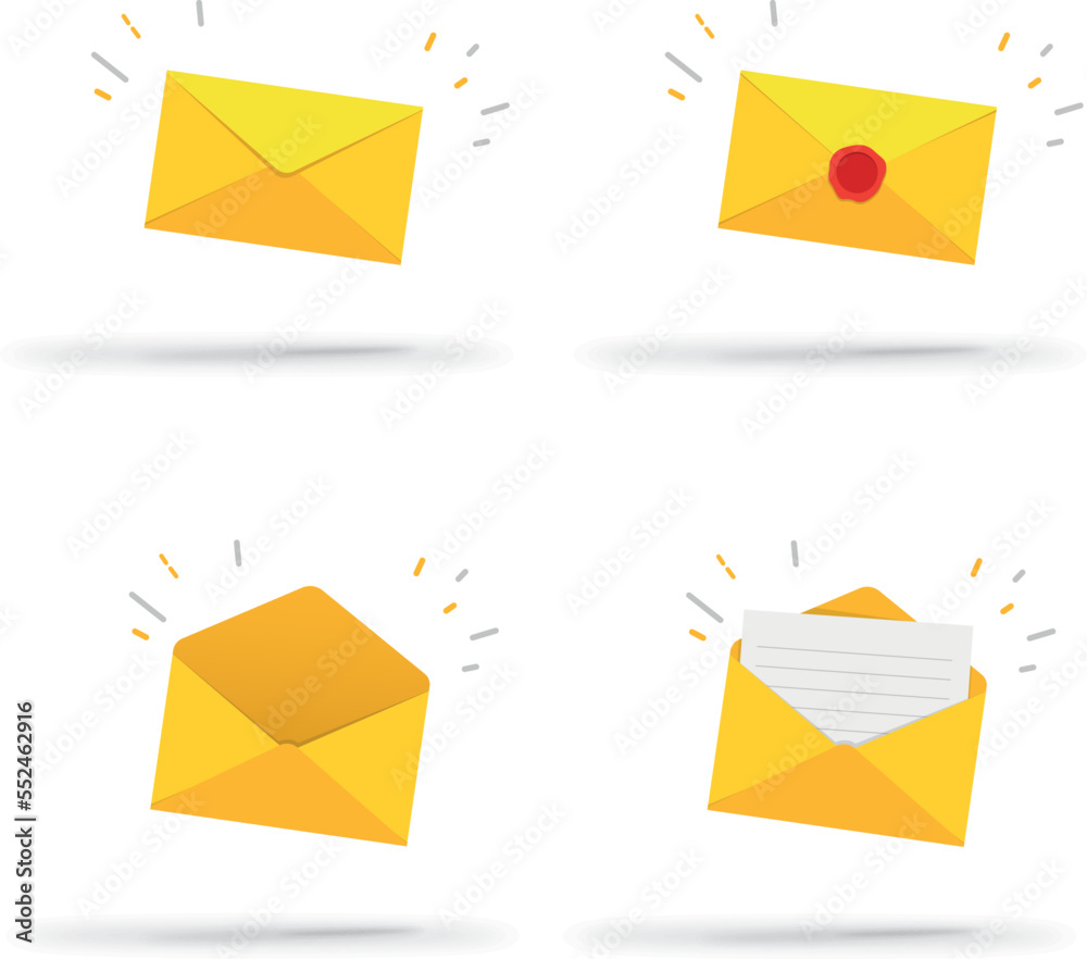 Aufkleber Letter envelope with paper document vector illustration. Closed, open with a message e-mail envelopes. Set mailbox vector icons in flat style. White on background.