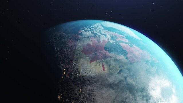 Canada view from space - View of Canadian flag on world map with spinning earth. 3D render animation