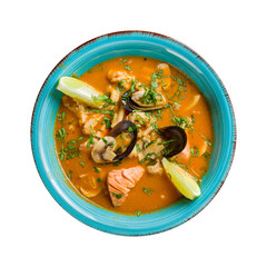 Tom Yam soup with seafood and salmon top view