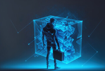Double exposure of a hacker with a laptop computer standing within an abstract cube hologram against a background of hazy blue technology for metaverse software. Generative AI