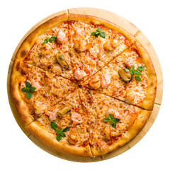 Pizza with seafood and tomato sauce top view isolated on white background