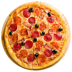 Italian meat pizza on wooden board top view isolated on white background