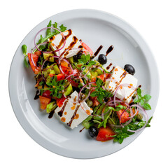 Greek salad with feta and fresh vegetables top view isolated on white background
