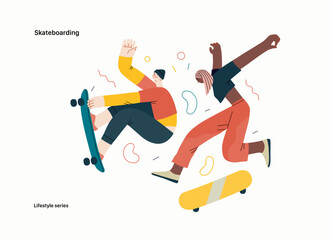 Lifestyle series - Skateboarding - modern flat vector illustration of a young male and female skaters jumping in the air with their skateboards.. People activities concept