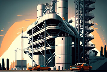 a picture of an auto assembly plant with a steel constructions plant idea in the background. Generative AI