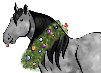 Cute and playful gray horse in christmas wreath with baubles looking straight and sticking tongue out. Digital drawing.