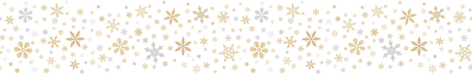 Snowflake seamless border background. Vector pattern with small gold and silver snowflakes on white. Christmas, New year, winter holidays theme. Design template for banner, greeting card, web, print