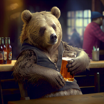 Bear Drinking Some Beer In The Bar