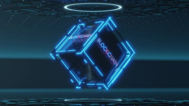 Rotation cube labeled blockchain. Blockchain technology with abstract background.